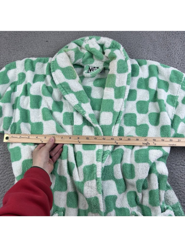 Dusen Dusen Geometric Pattern Robe Tie Front Terry Cloth White Green Size Small — image 8 of 8